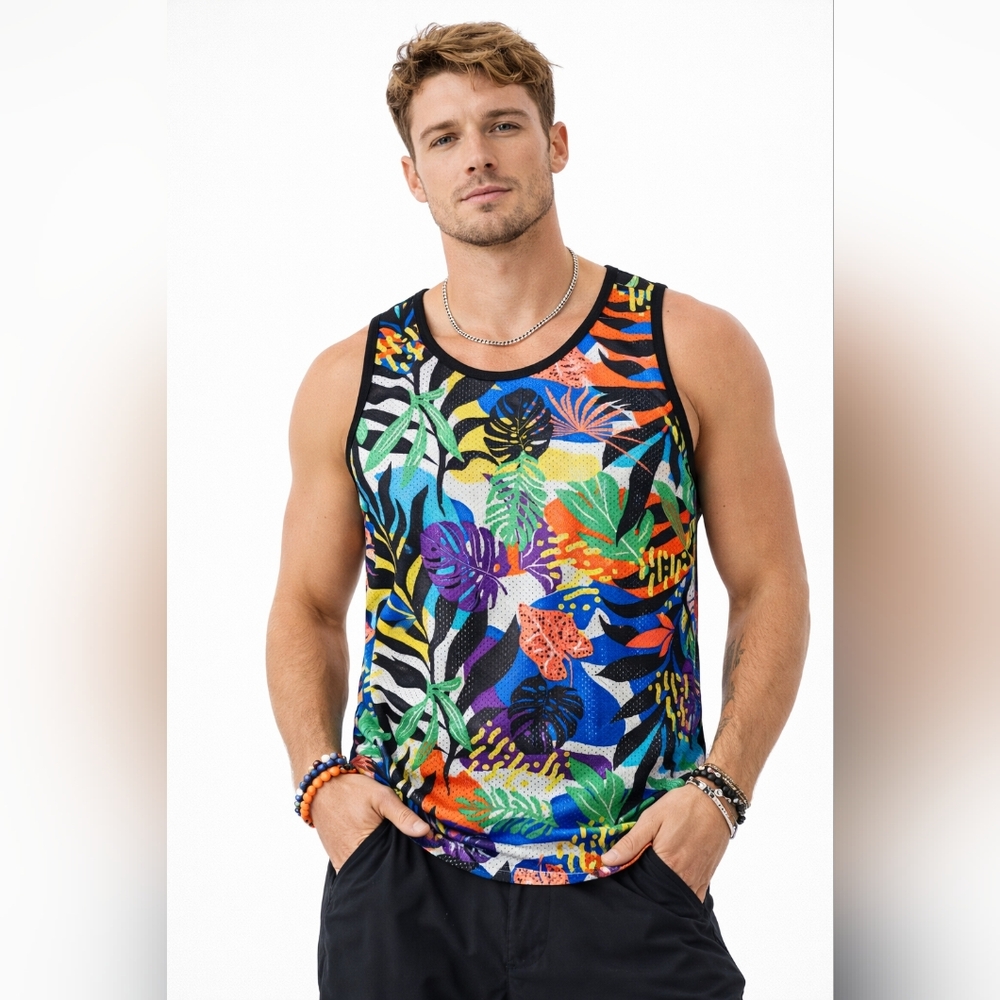 GOOD VIBES Tank Top Mens Large Multicolor Tropical Mesh Festival